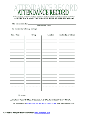 Alcoholics Anonymous Attendance Record