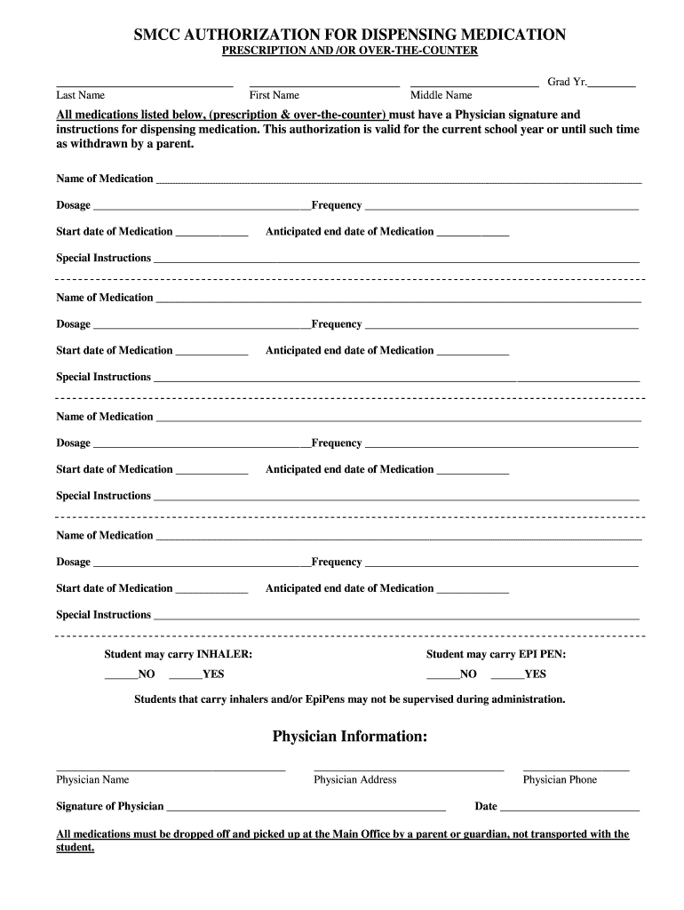 Fillable Online SMCC AUTHORIZATION FOR DISPENSING MEDICATION Fax Email ...