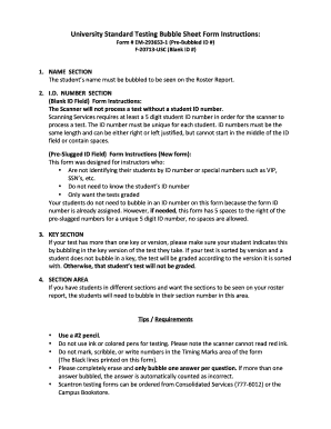 University Standard Testing Bubble Sheet Form