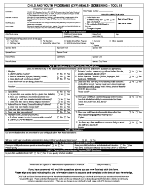 Child and Youth Programs Health Screening Form