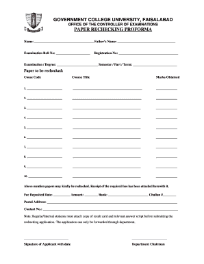 Government College University Paper Rechecking Form