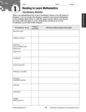Mathematics Vocabulary Builder Worksheet