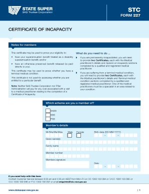 STC Form 227 Application for Payment Certificate of Incapacity