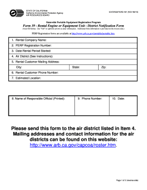 California Form 39 - Rental Engine or Equipment Unit District Notification