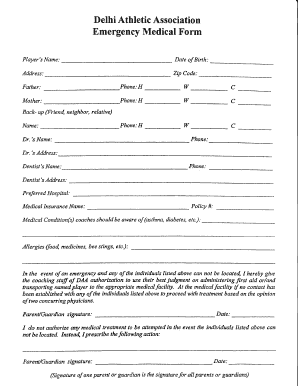 Delhi Athletic Association Emergency Medical Form