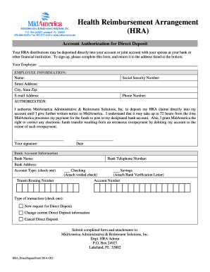 Health Reimbursement Arrangement Direct Deposit Form