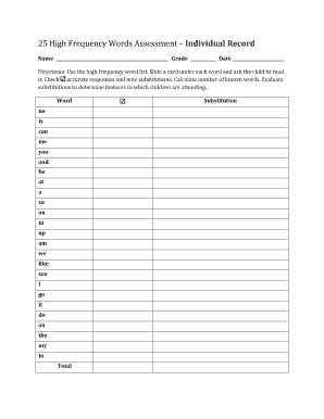 High Frequency Words Assessment Form