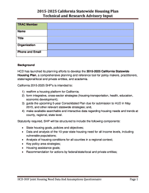 2015-2025 California Statewide Housing Plan Questionnaire