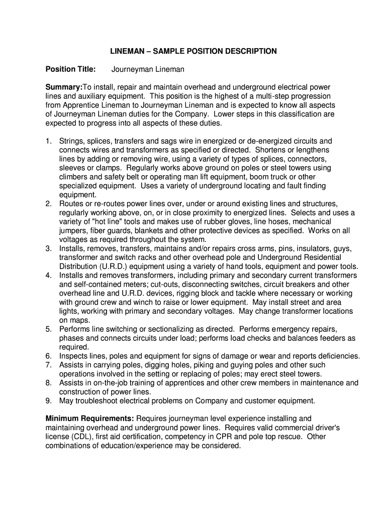 Fillable Online LINEMAN SAMPLE POSITION DESCRIPTION Fax Email Print