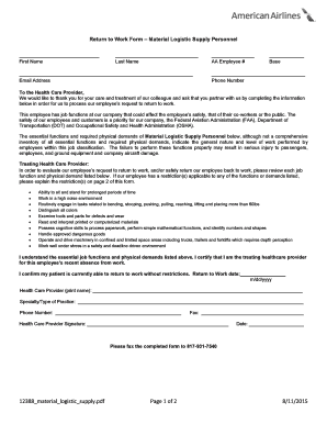 Return to Work Form – Material Logistic Supply Personnel