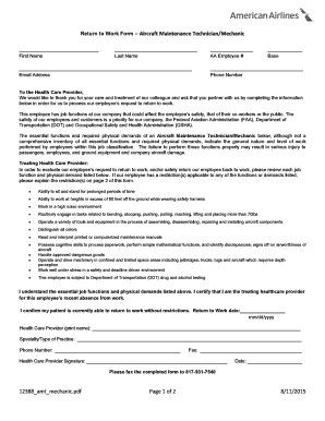 Return to Work Form – Aircraft Maintenance Technician/Mechanic