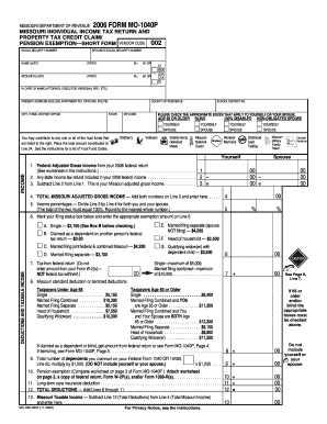 Missouri Individual Income Tax Return Form MO-1040P