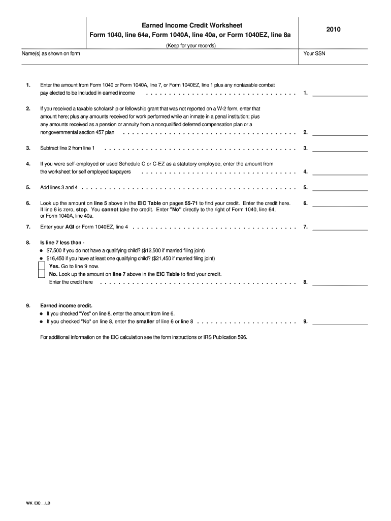 Fillable Online Earned Credit Worksheet 2010 Form 1040 line 64a
