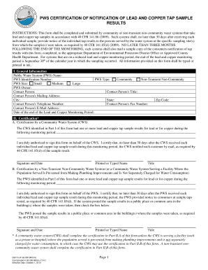 Lead and Copper Tap Sample Certification