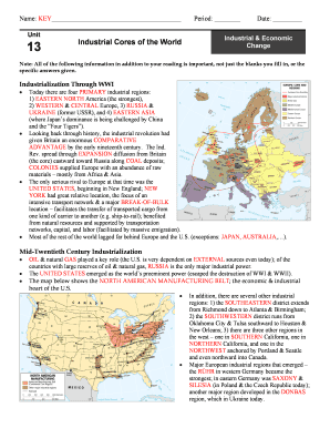 Industrial Cores of the World Worksheet