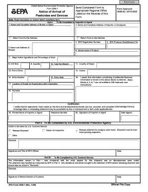 EPA Form 3540-1 Notice of Arrival of Pesticides and Devices