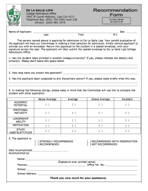De La Salle Lipa College Admission Appraisal Form