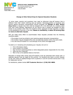 Change of After School Drop Form for Special Education Students
