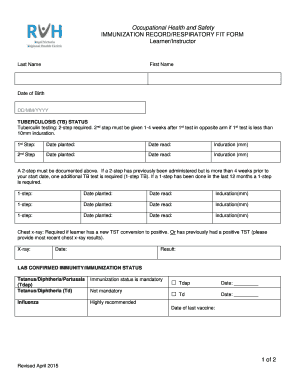 Occupational Health Immunization Record Form
