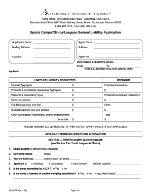 Sports Camps Clinics Leagues General Liability Application