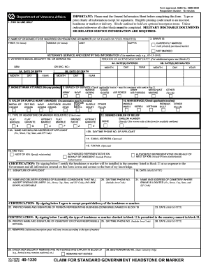 VA Form 40-1330 Claim for Standard Government Headstone or Marker