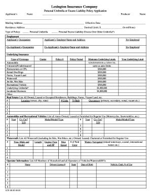Personal Umbrella or Excess Liability Policy Application