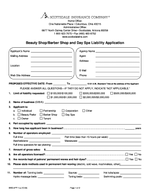 Beauty Shop/Barber Shop and Day Spa Liability Application