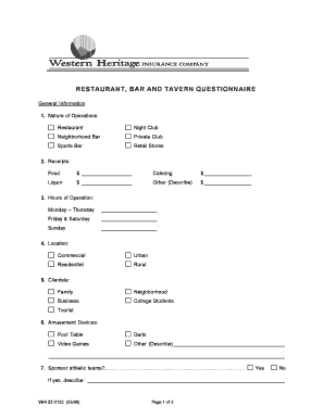 Restaurant Bar and Tavern Questionnaire