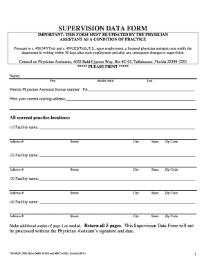 Florida Physician Assistant Supervision Data Form