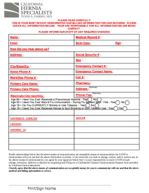 California Hernia Specialists Patient Information Form