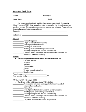 Neurology DOT Form for Commercial Driver's License