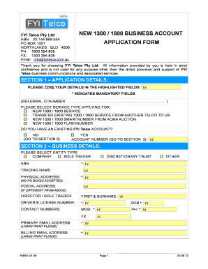 FYI Telco 1300/1800 Business Account Application Form