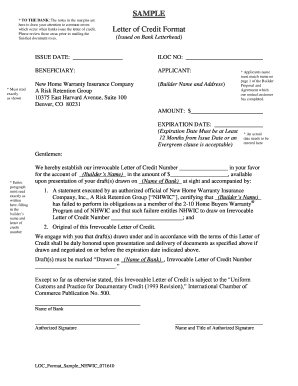 Irrevocable Letter of Credit for Builder Warranty
