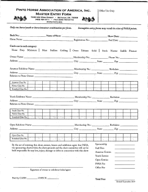 Pinto Horse Association Master Entry Form