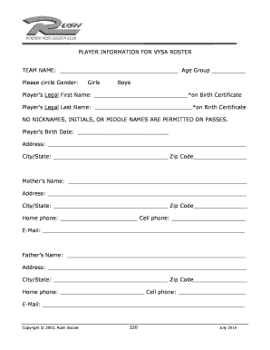VYSA Roster Player Information Form