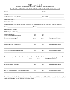 YMCA Camp Hi-Rock Camper Medical Authorization and Liability Release
