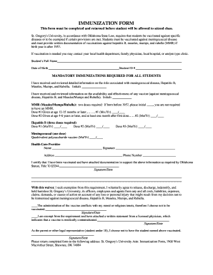 St. Gregory's University Immunization Form