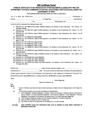 OBC Certificate for Central Educational Institutes