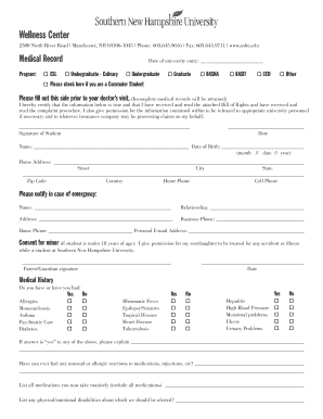 Southern New Hampshire University Medical Record Form