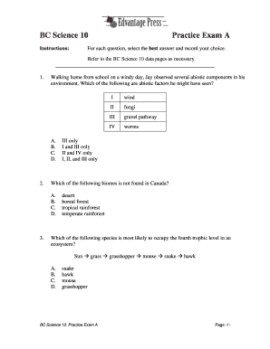 BC Science 10 Practice Exam A