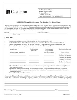 2015-2016 Financial Aid Award Declination/Revision Form