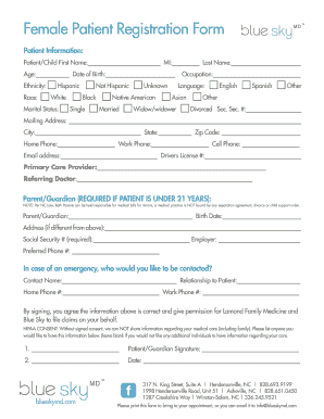 Female Patient Registration Form - Blue Sky MD