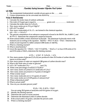 Chemistry Spring Semester Objective Final Review