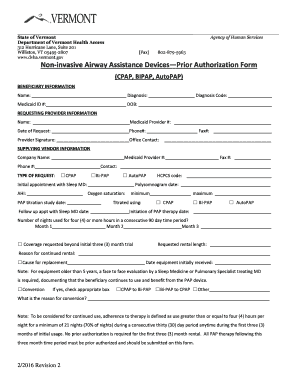 Vermont Non-Invasive Airway Assistance Devices Prior Authorization Form