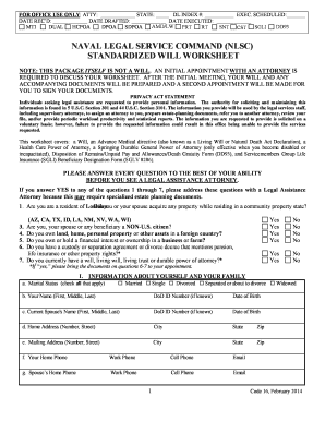 Naval Legal Service Command Standardized Will Worksheet