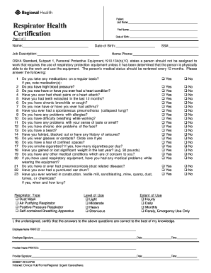 Respirator Health Certification Form