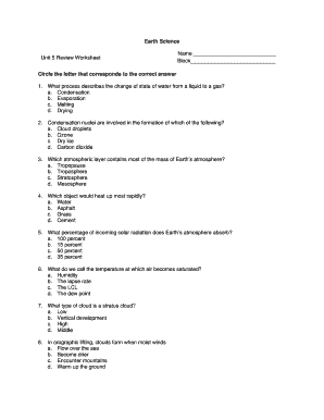 Earth Science Unit 5 Review Worksheet