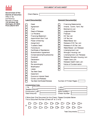 District of Columbia Land Document Intake Sheet