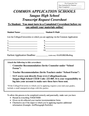 Common Application Transcript Request Coversheet
