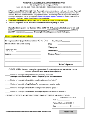 National Park College Transcript Request Form